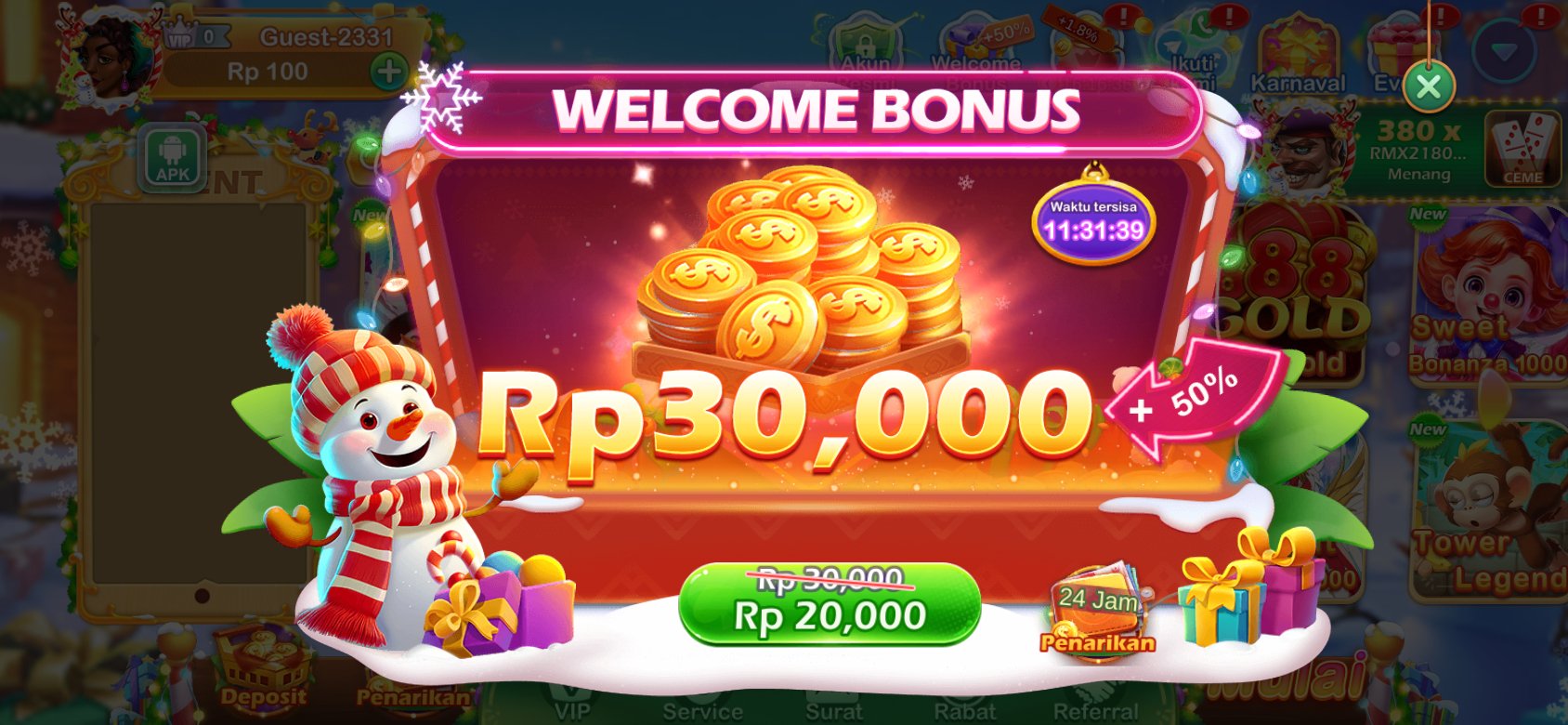 Bonus selamat datang K3K3 2 4 31 dengan diskon spesial untuk pengguna baru.